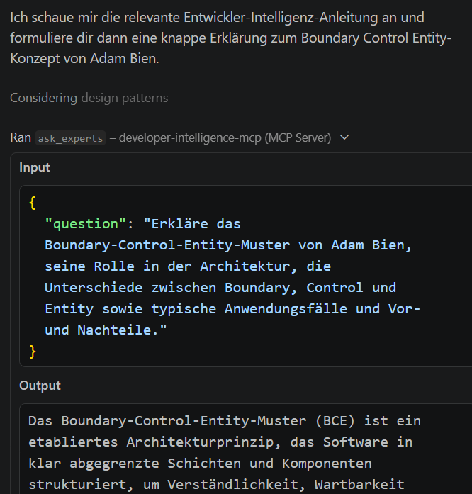 Beispielantwort des entwickler.de MCP-Servers in einem AI-Chat: strukturierte Antwort mit Quellenangabe